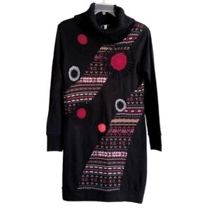 Vintage Linea Domani Sweater Dress Black Cowl Neck Colorful Appliques Wool Large